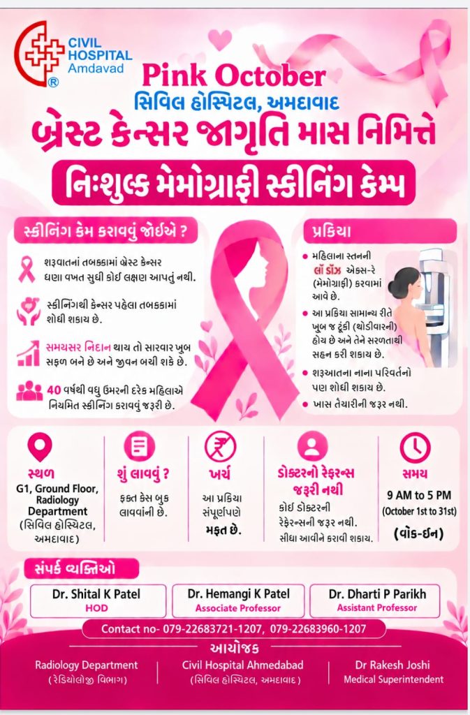 સ્તન કેન્સર સામે સુરક્ષા કવચ: ‘પીંક ઓક્ટોબર’ અંતર્ગત અમદાવાદ સિવિલ હોસ્પિટલમાં આખો મહિનો મહિલાઓ માટે મફત મેમોગ્રાફી કેમ્પ